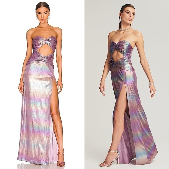 NWT RETROFETE Strapless Metallic Ombré Rainbow Twist Front Cutout Maxi Gown L - Picture 1 of 11
